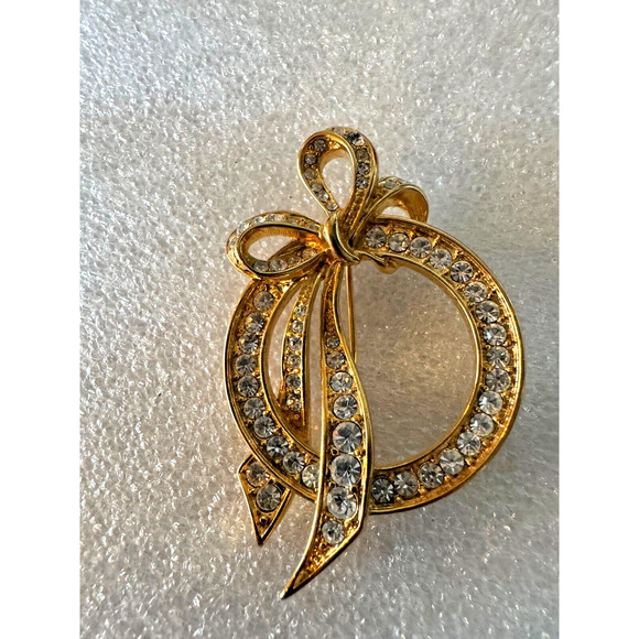 Vintage NOLAN MILLER Circle Pin Gold Tone Bow Clear Rhinestones Wedding 2" - Picture 5 of 5